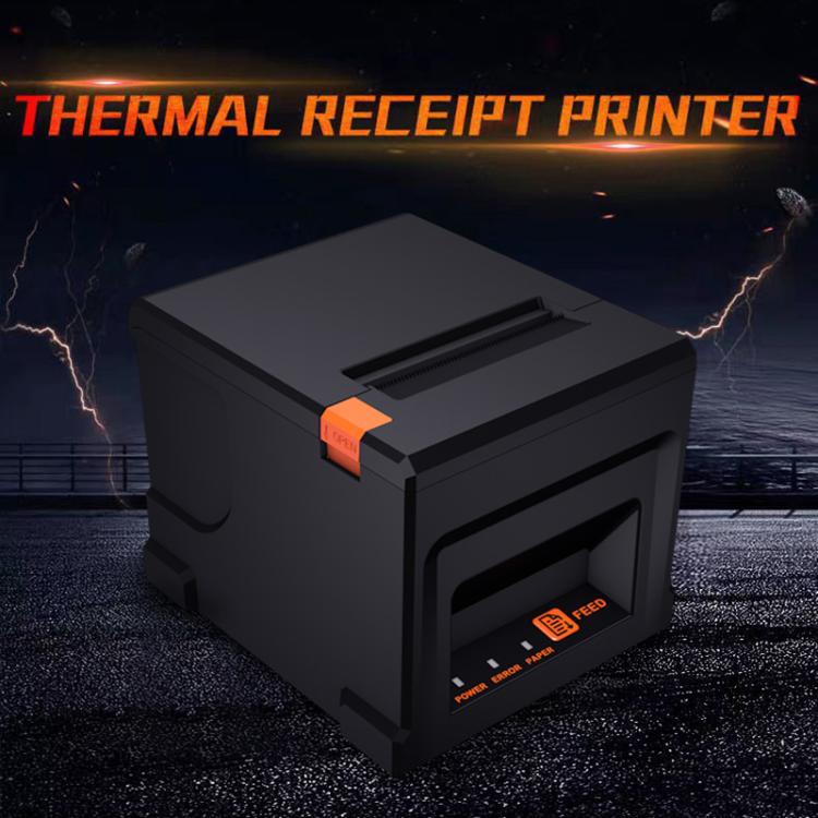 Black thermal receipt printer with paper roll and orange auto-cutter switch, rugged design