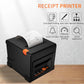 Black thermal receipt printer with paper roll, front features panel and orange latch