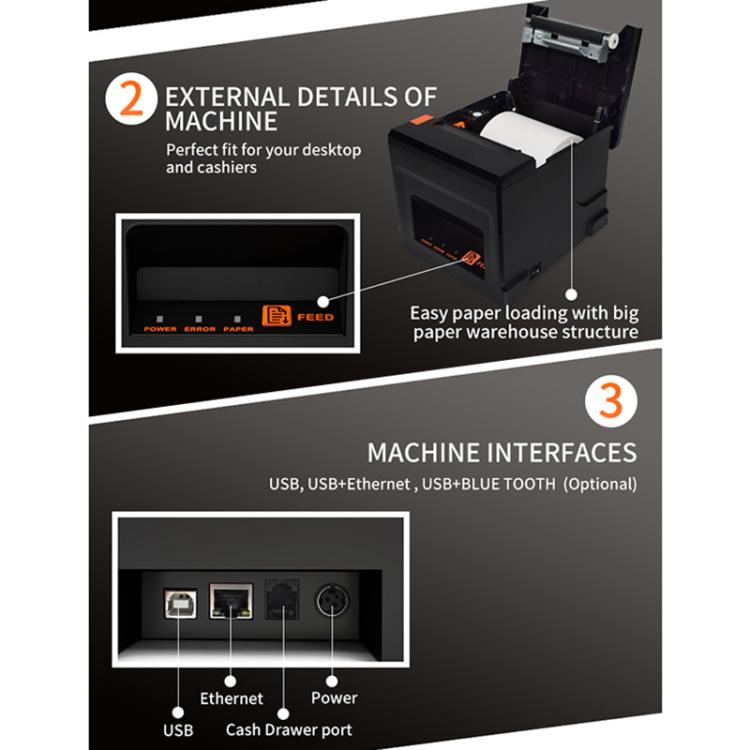 Thermal receipt printer back panel close-up with Ethernet and USB ports