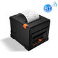 Angled front view of black thermal receipt printer with top paper roll and orange latch.