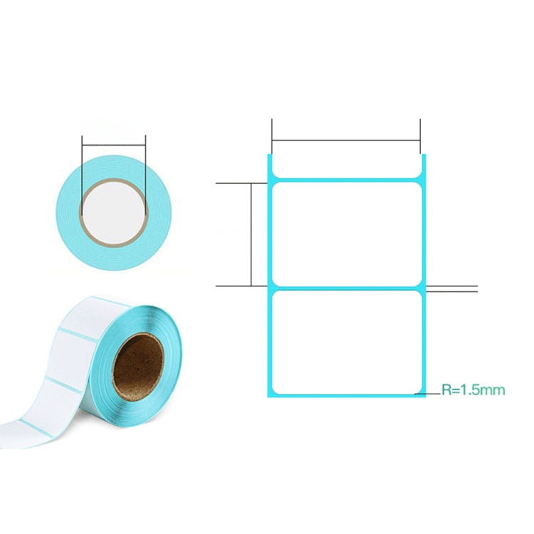Roll of self-adhesive thermal barcode labels with layout diagram, teal border, 80x40mm