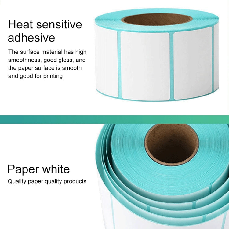Thermal barcode label roll, white labels with teal edges, heat-sensitive self-adhesive
