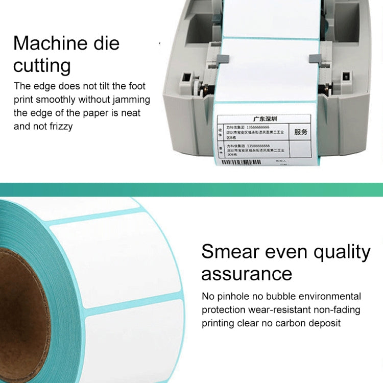 Thermal barcode labels fed through label cutting machine, white sheets with teal border