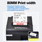Black thermal receipt printer with highlighted 80mm print area on the paper window.