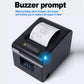 Black thermal receipt printer with receipt paper loaded and buzzer alert icon.