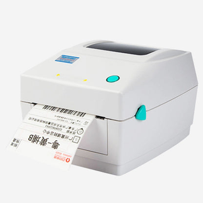 White thermal barcode printer with paper feed slot and teal status light, front view.