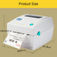 White thermal barcode printer showing label output slot and top paper path, 3/4 view.