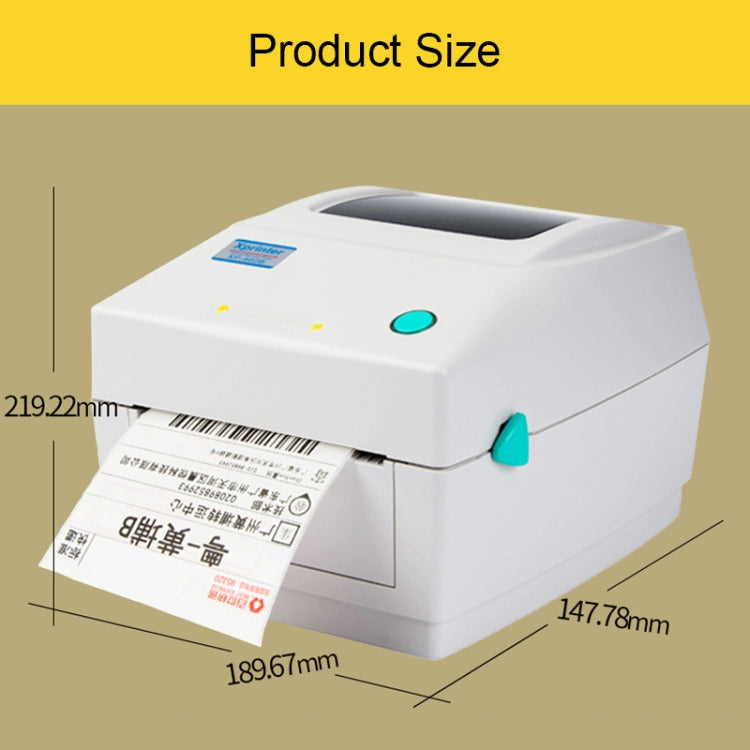White thermal barcode printer showing label output slot and top paper path, 3/4 view.
