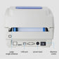 Rear panel of white thermal barcode printer with USB port, power input, and machine switch.