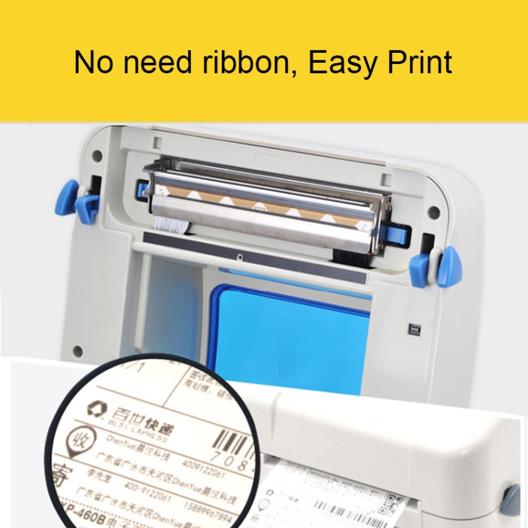 Thermal barcode printer with top cover open, showing internal print roller and label feed path.
