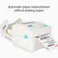 White thermal barcode printer with label exiting and top closed, compact side view.