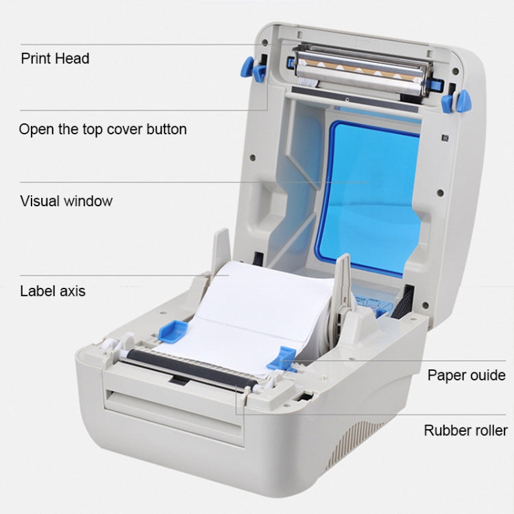 Open thermal barcode printer showing print head area, label axis, and rubber roller.
