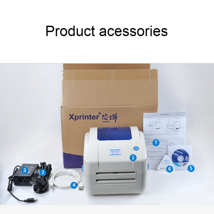 Xprinter thermal barcode printer kit with printer unit, cables, and printed manuals.
