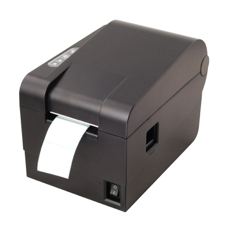 Black thermal barcode printer with front paper feed window and power button.