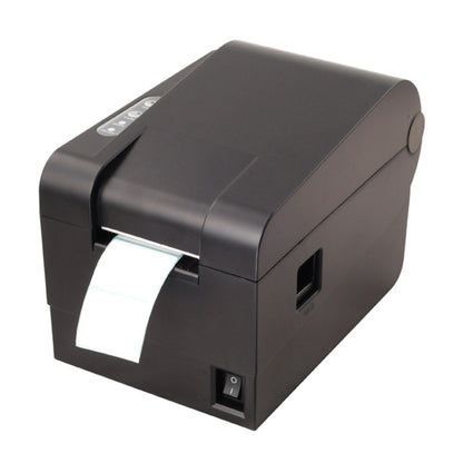 Black thermal barcode printer with front paper feed window and power button.