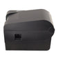 Black thermal barcode printer side view with curved housing and top control panel.