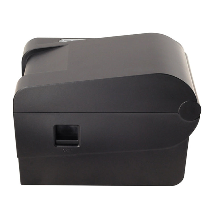 Black thermal barcode printer side view with curved housing and top control panel.