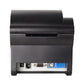 Black thermal barcode printer rear view showing port panel and rear connector openings.