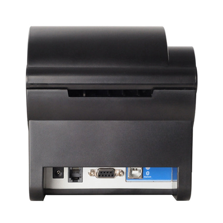 Black thermal barcode printer rear view showing port panel and rear connector openings.