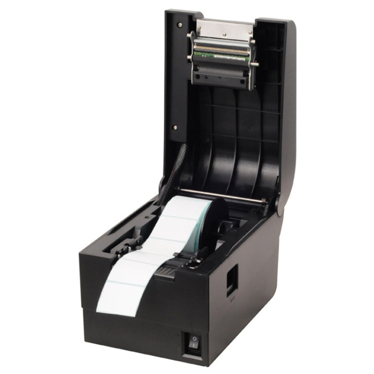 Open black thermal barcode printer showing internal print mechanism and paper path.
