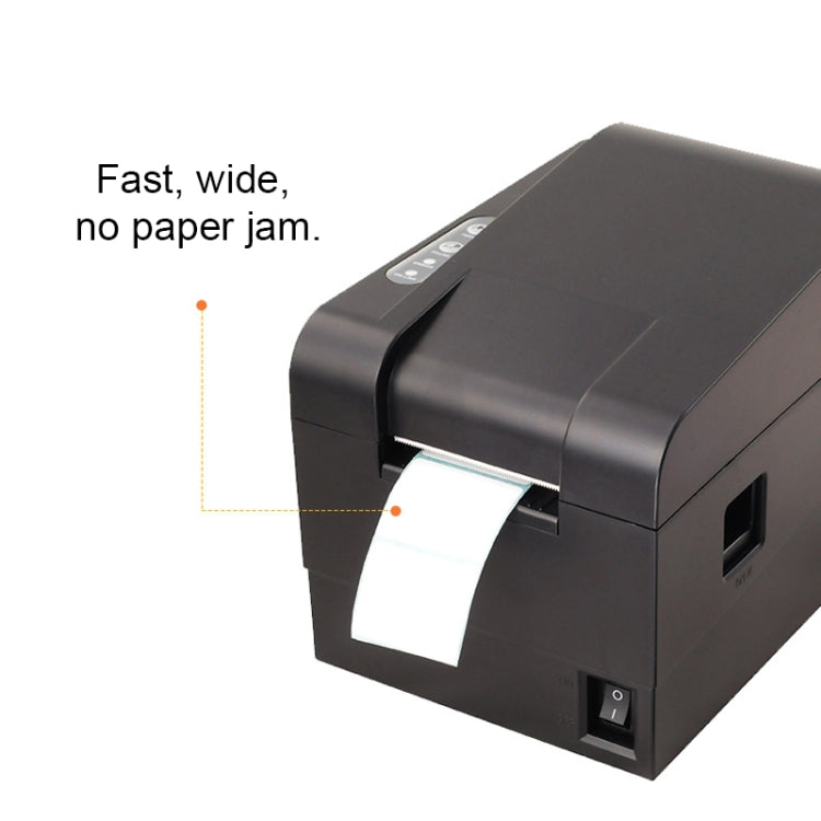 Black thermal barcode printer front view with label slot and top control buttons.