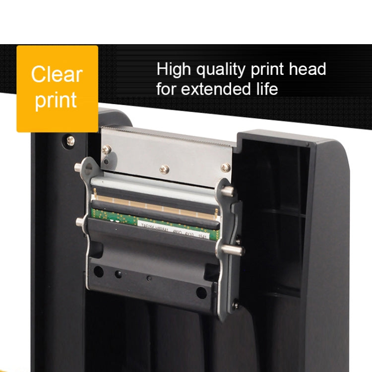 Open print head assembly inside a black thermal barcode printer for label printing.