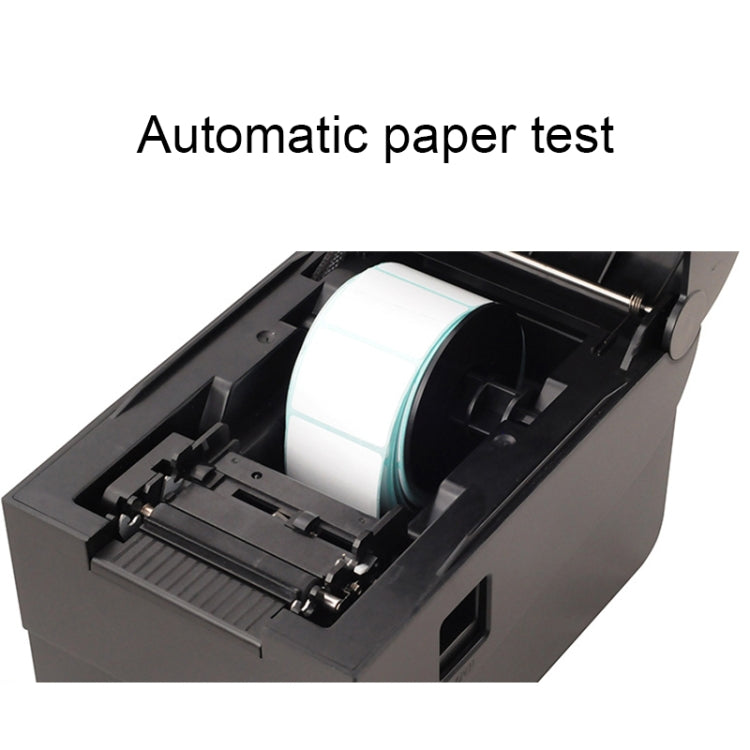 Black thermal barcode printer with paper loaded and visible internal rollers.