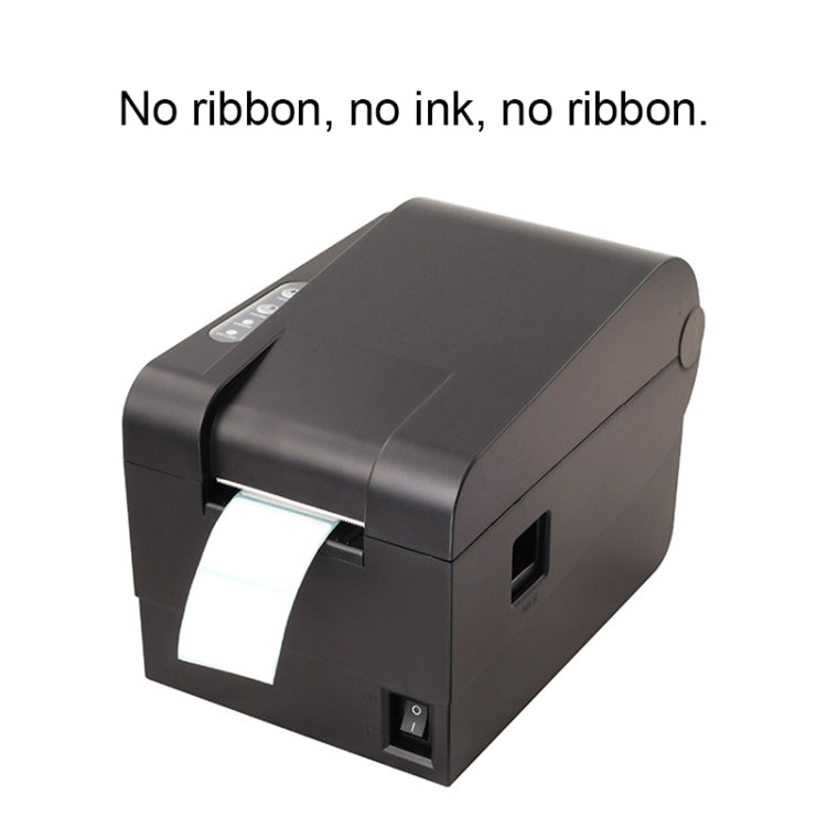 Black thermal barcode printer with white label roll installed in the front feed bay.
