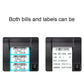 Thermal barcode printer showing two printed label examples near the front output area.