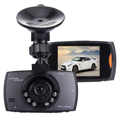 Car DVR camera with wide lens and 2.7-inch LCD screen showing a car scene