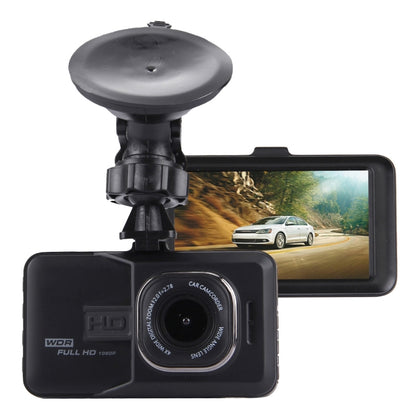 Black dash car DVR with 3.0-inch screen and front windshield mount, wide-angle lens