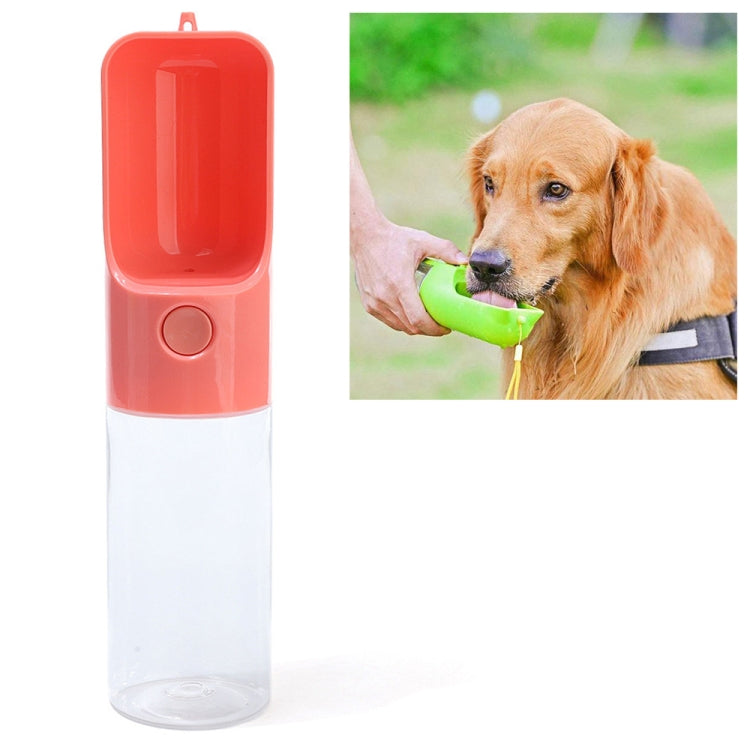 Red portable dog water bottle with cup and wrist strap