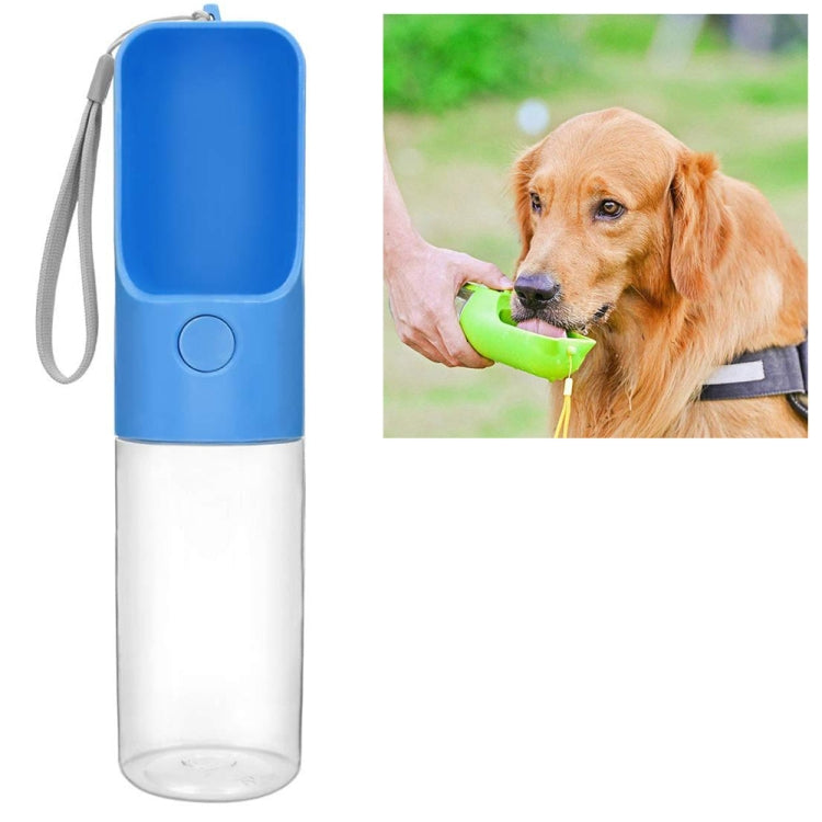 Blue portable dog water bottle with cup and wrist strap, for outdoor use