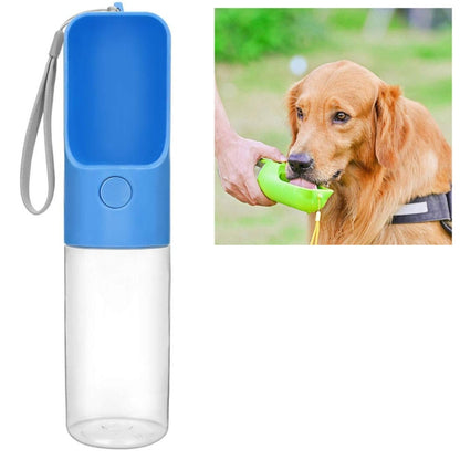 Blue portable dog water bottle with cup and wrist strap, for outdoor use