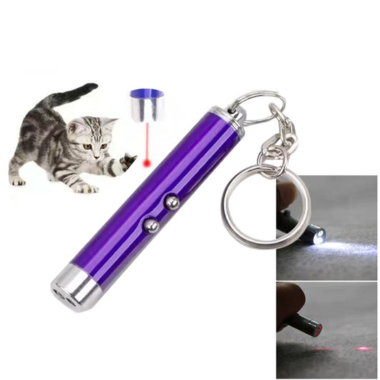 Purple LED laser pen with keychain clip, projecting a small red dot for cats.