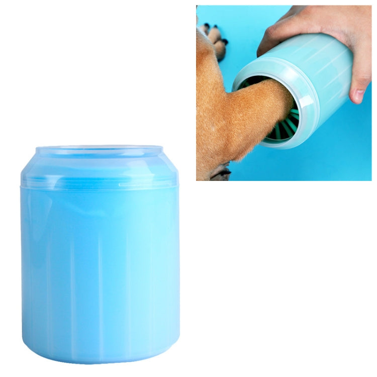 Blue silicone pet washing cup with wide rim; inset shows paw being cleaned.