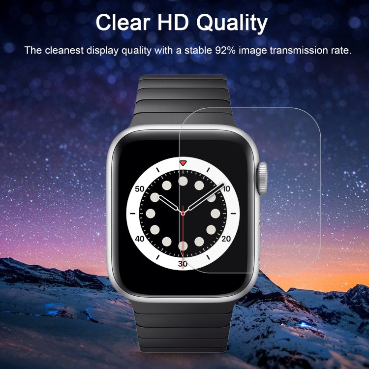 Tempered glass screen protector on black Apple Watch with clear overlay