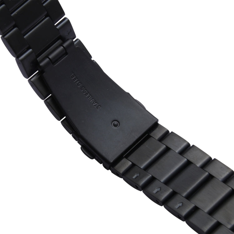 Black clasp underside with engraved details on metal link watch band