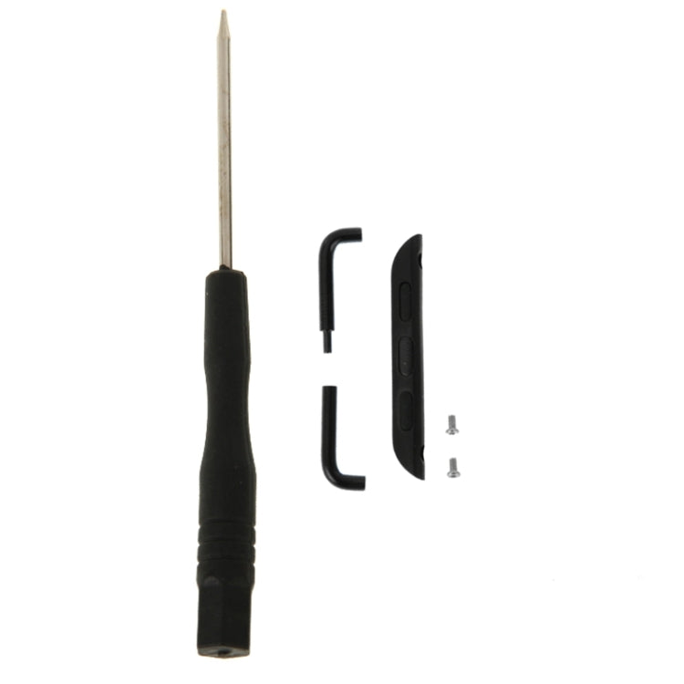 Black metal watch strap connector with screwdriver, small hooks, and screws