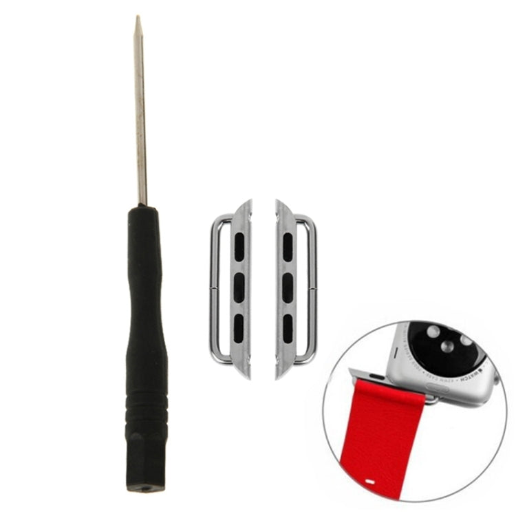Silver metal Apple Watch strap connector buckle set with screwdriver tool
