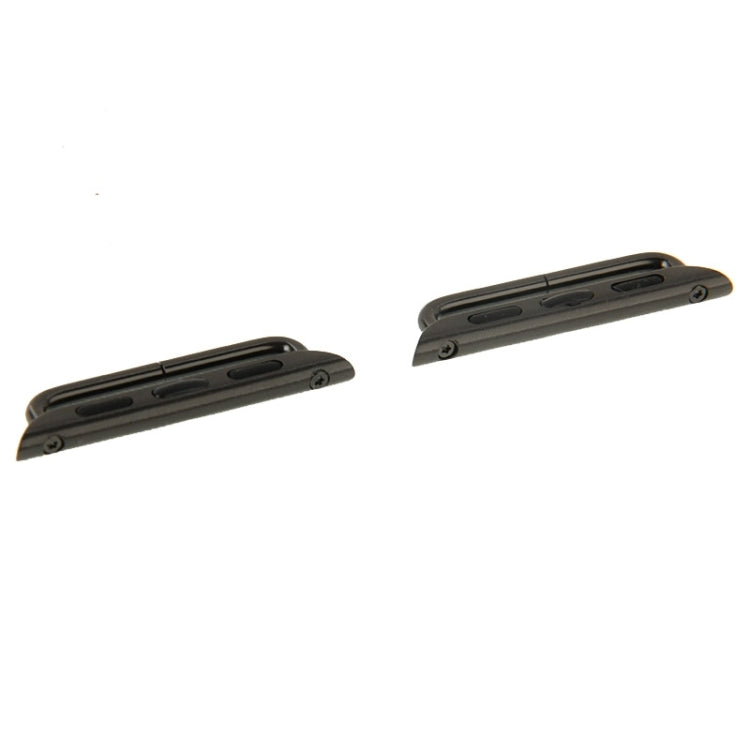 Pair of black metal watch strap connectors with rounded edges and pin slots