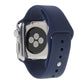 Navy rubber sport watch band with pin-and-tuck closure shown on Apple Watch