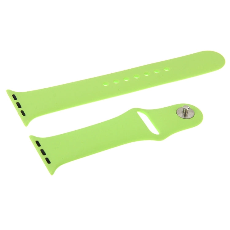 Green rubber Apple Watch band with pin-and-tuck closure, 42mm strap shown side view