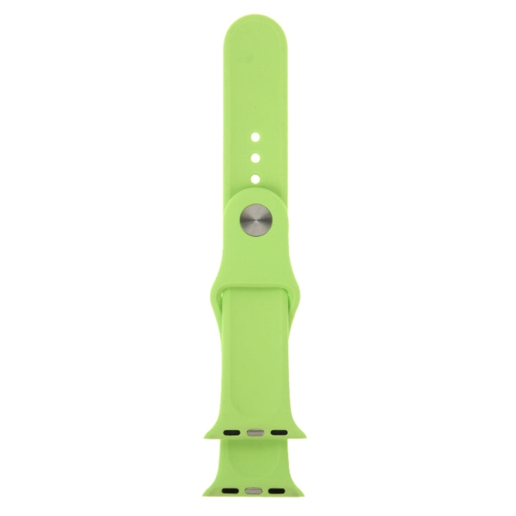 Green rubber Apple Watch band with pin-and-tuck closure, 42mm underside and buckle area