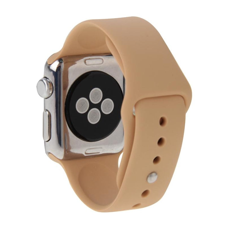 Khaki rubber sport watch band with pin-and-tuck closure shown on Apple Watch