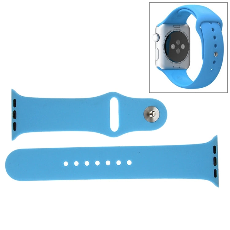 Blue rubber sport watch band with pin-and-tuck closure, band and end view