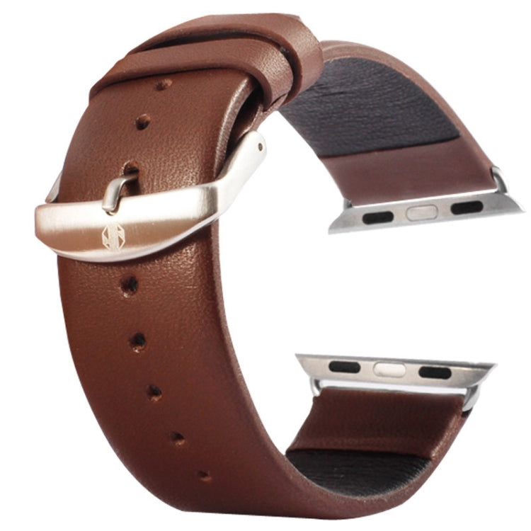 Genuine leather Apple Watch 42mm band in coffee brown with silver buckle hardware