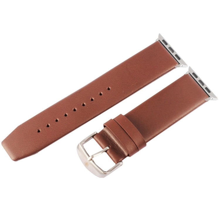 Coffee brown leather watch band with rectangular silver buckle and strap stitch rows