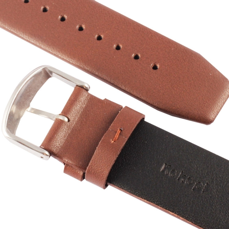Coffee brown leather strap with perforation line and etched texture near buckle holes