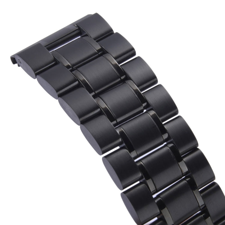 Black metal link watch band side view showing stacked bracelet segments